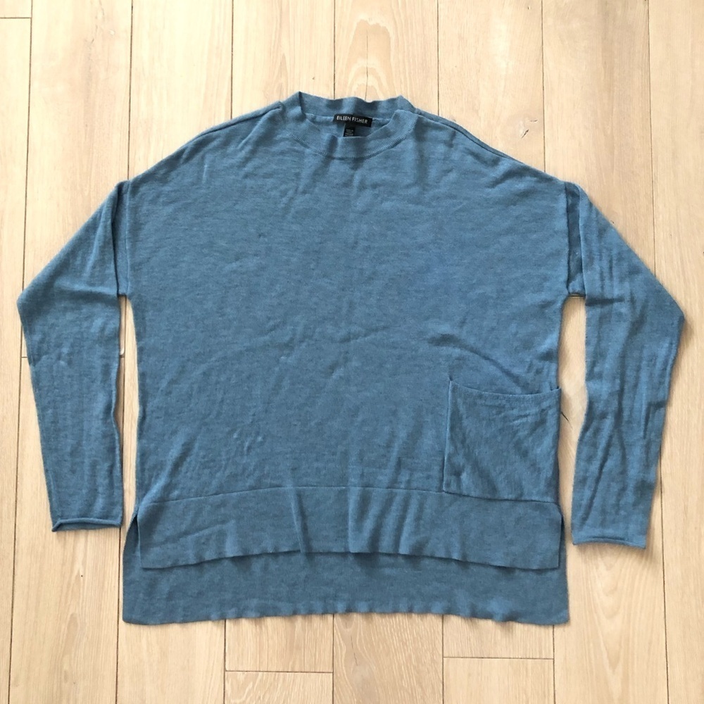 Eileen Fisher Merino Wool Blend Pocket Light Sweater in Light Blue Size XS